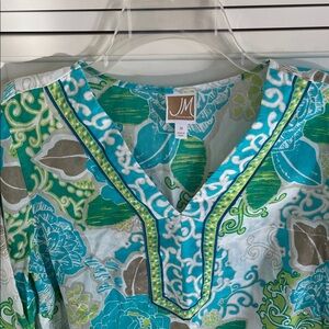 JM Collection Blue and Green Floral V-Neck Top
